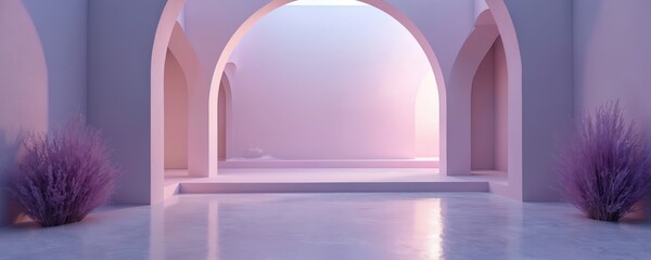 Minimalist studio with lavender tones features soft lighting. Arches and steps create modern design. Purple grass decorates the interior. Tranquil atmosphere for various applications.