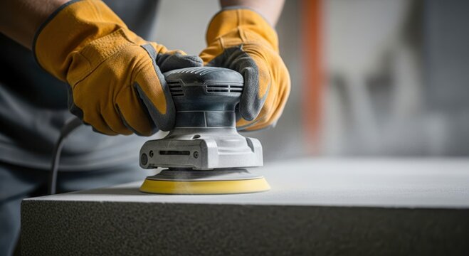 Stonemason polishes granite countertop with machine. Skilled worker grinds stone surface in workshop. Home improvement, construction, renovation, concept.
