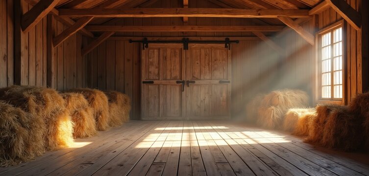Rustic barn interior with bales of hay, sunbeams. Wooden floor, wall texture. Old fashioned architecture design. Countryside farm storage background. Rural building with closed wooden doors beams.