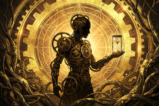 The Chronos Architect: Steampunk Cyborg Holding the Hourglass of Time