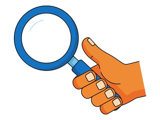Hand holding a blue magnifying glass for detailed inspection and analysis