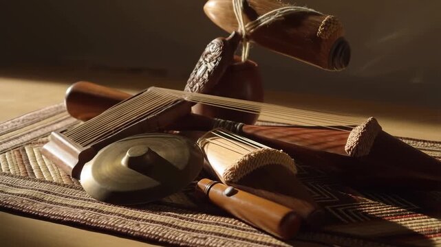 An assortment of traditional wooden musical instruments displayed on a woven mat, bathed in warm, soft light.