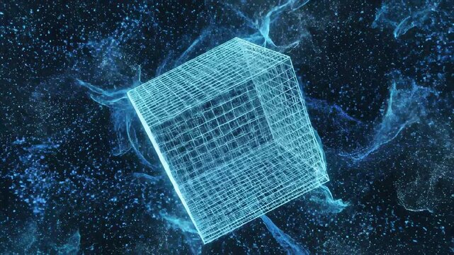 Abstract wireframe cubes and glowing particles