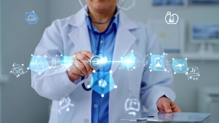 Medical professional holding a stethoscope, connected by digital lines to icons, near a tablet - Powered by Adobe