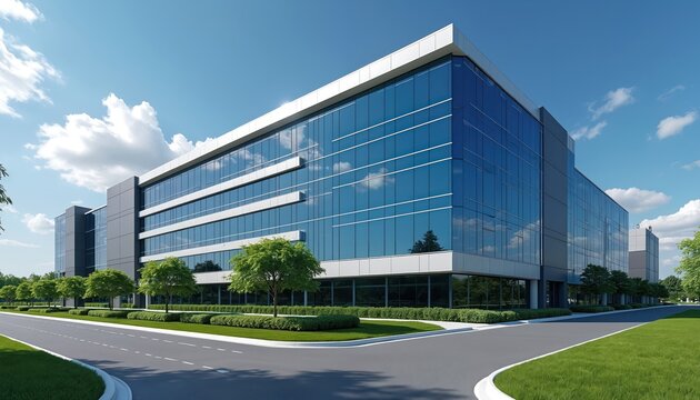 Modern data center external architecture. Office building has blue glass facade. Green trees along road near corporate building under blue sky. Exterior shot of innovation hub reflects connectivity.