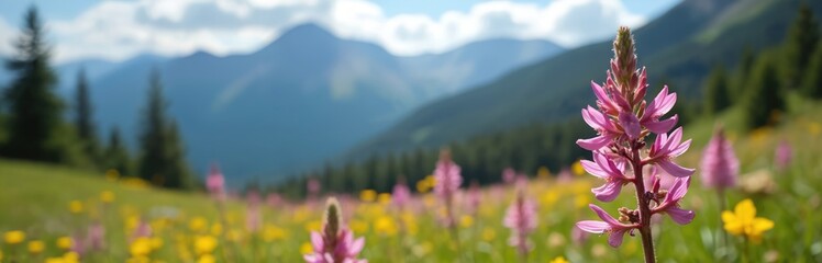 Obraz premium Pink wildflowers grow on a meadow. Mountain background with sky. Wild flowers bloom in nature at daylight in summer. Plants and flora landscape.