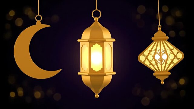 Golden Islamic Lanterns and Crescent Moon against Dark Bokeh Background