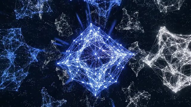 A glowing network of interconnected lines and nodes in shades of blue and white on a dark background