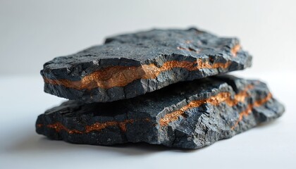 Two pieces of mica schist are placed on white surface. Dark grey mineral stone layers with copper colored veins. The photo demonstrates stone texture background.