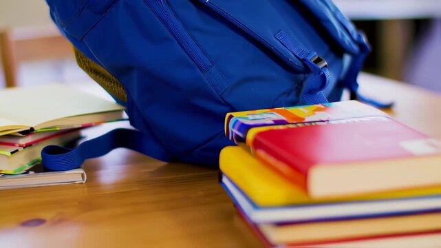 A blue backpack and books are on a wooden desk with a chair in the background. Close up