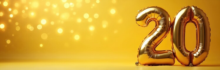Golden foil balloons form number 20. Shiny two zero symbol on yellow. Party decoration celebration for birthday. Anniversary greeting banner with bokeh light. Discount, festive background template
