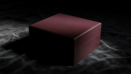 A dark red box on a dark surface with a subtle reflection and dramatic lighting