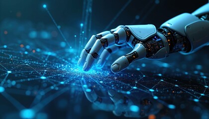 Robot hand touches digital network. Artificial intelligence interacts with cyberspace grid. Futuristic tech innovation. Computer science concept. Machine learning connects to data analytics.