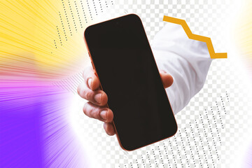 Art collage with hand holding modern smartphone mockup on abstract graphic background. Creative mobile app presentation, UI UX design, digital technology and branding concept.