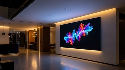 Modern digital screen displaying vibrant sound waves in a sleek indoor setting