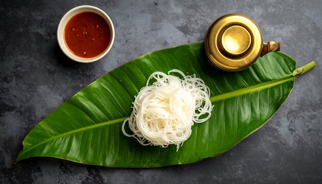 Idiyappam served on banana leaf with chutney and brass vessel.