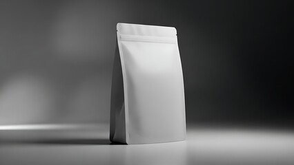 A white pouch standing upright on a gray surface with subtle shadows in a studio setting