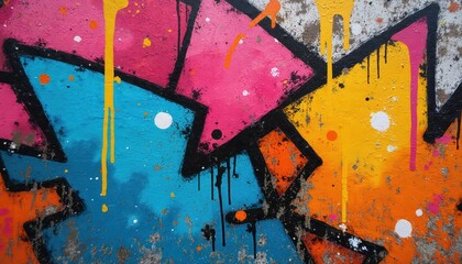 Abstract graffiti art featuring vibrant colors. Spray paint texture displays various shapes, designs. Colorful composition creates dynamic urban artwork. Bold lines, dripping paint add artistic