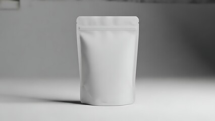 A white pouch on a white surface with a gray background