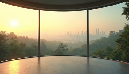 Fototapeta premium Illustration presents a bright futuristic interior with a cityscape view. Modern empty room with panoramic windows overlooks urban skyline and forest. Artistic concept of space.