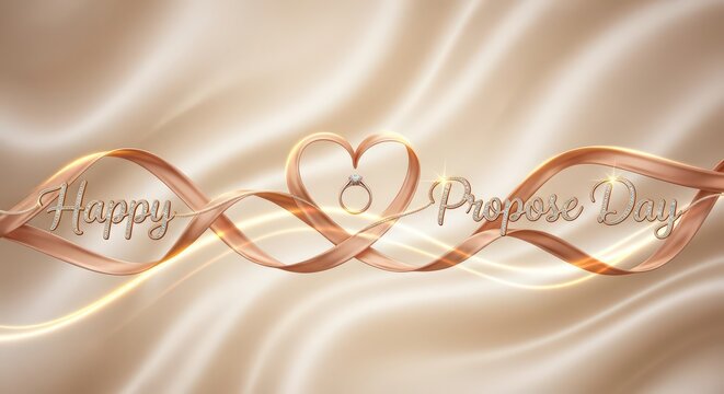 Elegant Happy Propose Day Greeting with Heart and Ribbons on Silk Background