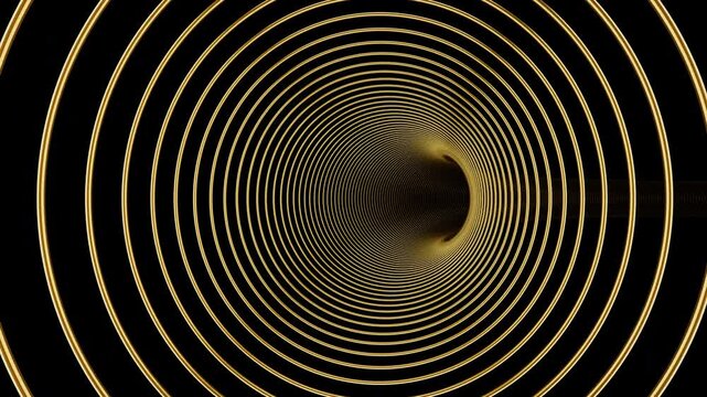 3D animation of moving sideways through high density golden rings, horizontal luxury vortex loop