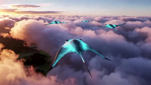A squadron of futuristic, manta ray-shaped aircraft soaring gracefully above a sea of fluffy clouds during a vibrant sunset.
