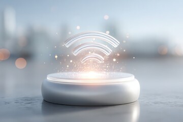 Signal in the City: A glowing wifi symbol radiates signals, resting on a sleek pedestal, illuminating the blurred cityscape in the backdrop. 