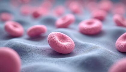 Close up detail shows red blood cells on surface. Microscopic focus on cells. Pink cells on blue background show disease. Healthcare and science background is here.