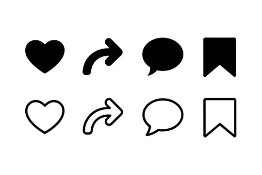 Social Media Interaction Icon Set, Heart Like, Share Arrow, Comment Chat, and Bookmark Save Symbols in Line and Glyph Styles