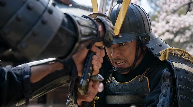 Determined Samurai Warrior Engaged in Fierce Sword Combat, Traditional Japanese Spirit