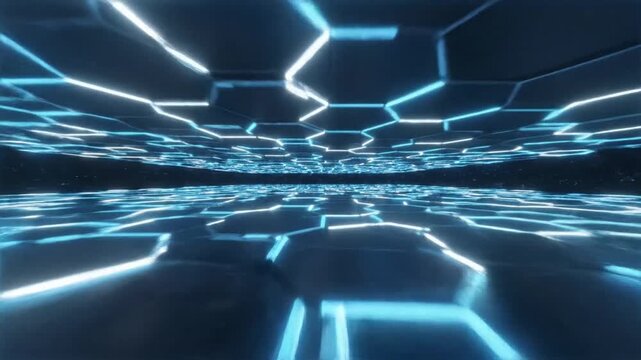 Futuristic neon blue hexagonal grid pattern with glowing lines and reflections.