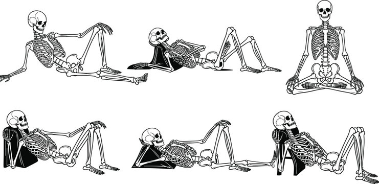 Collection of human skeleton line art in various relaxed poses including lying down, sitting in yoga meditation, and resting on pillows, vector illustration,