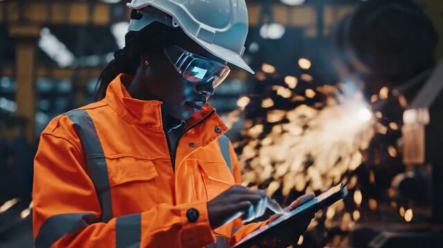 Safety and Precision: A dedicated worker, shielded by protective gear, meticulously examines a tablet amidst the sparks of industry, embodying skill and diligent work