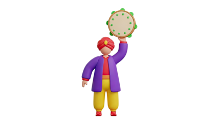 3D Character in Traditional Attire with Tambourine