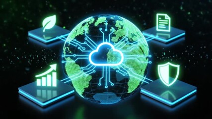 global cloud computing technology concept with green earth and digital icons representing sustainable environmental business growth data security and worldwide network connectivity - Powered by Adobe