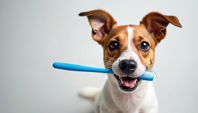 A clever dog holds a blue toothbrush in its mouth. The pet smiles showing healthy teeth in this photo. Oral hygiene concept for dogs. A canine dental care image.