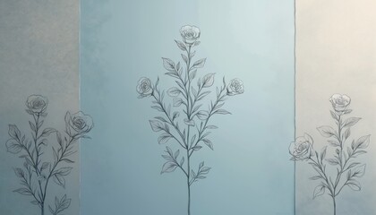 Minimalist art photo featuring floral rose sketch on blue background. Elegant rose drawing on artistic pale backdrop. Artistic botanical design for creative projects in various styles.