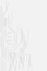 Symmetrical grey electronic circuit pathways and microchips spread across a white background
