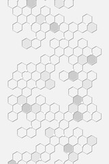 Geometric grey hexagons connect through small white nodes creating an abstract pattern