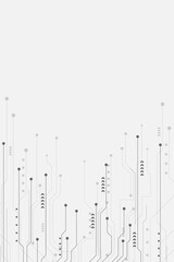 Symmetrical grey electronic circuit pathways and microchips spread across a white background