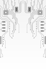 Symmetrical grey electronic circuit pathways and microchips spread across a white background