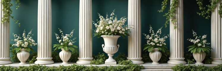 White classical columns stand against dark green wall. White blossoms in elegant stone urns, vases rest among green plants, hanging vines. Creates beautiful timeless decorative scene with natural