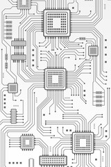 Symmetrical grey electronic circuit pathways and microchips spread across a white background