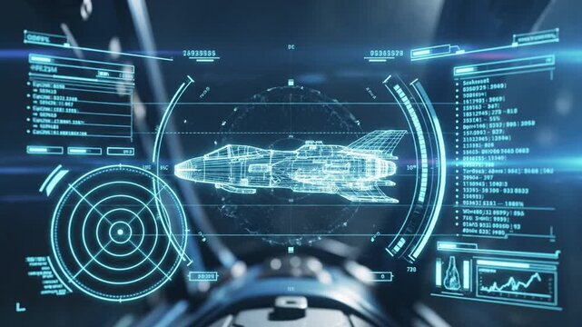 Futuristic aircraft cockpit with advanced navigation and control systems.