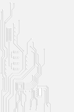 Symmetrical grey electronic circuit pathways and microchips spread across a white background