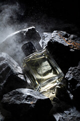Luxury Brutal Men Perfume Bottle in Dark Stone Environment with Smoke