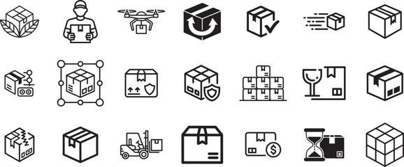 Collection of icons representing various logistics and delivery concepts, including boxes, drones, trucks, and warehouses.