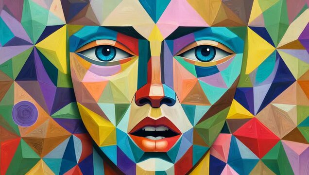 A vibrant and colorful geometric portrait of a woman with striking blue eyes and open lips.