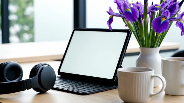 Close-up slow pan across a clean modern desk setup with a tablet, headphones, coffee cups, and purple iris flowers, perfect for remote work or study themes.